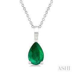 6X4 MM Pear Shape Emerald Precious Solitaire Pendant With Chain in 14K White Gold