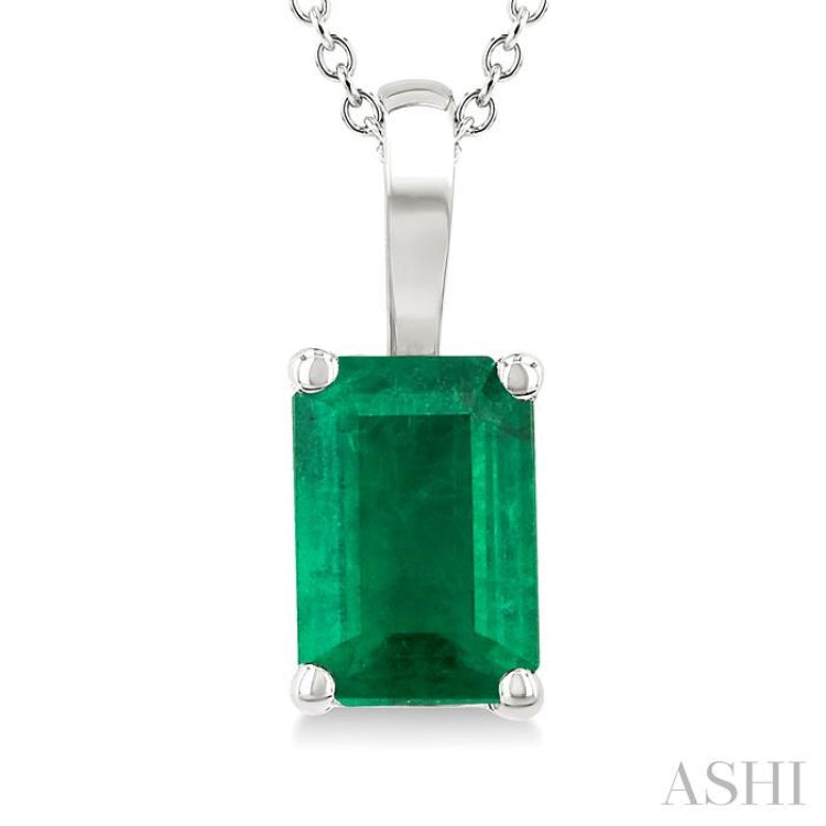 6X4 MM Octagon Shape Emerald Precious Solitaire Pendant With Chain in 14K White Gold