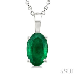 6X4 MM Oval Shape Emerald Precious Solitaire Pendant With Chain in 14K White Gold