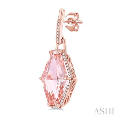 16x10 MM Hexagon Shape Morganite and 1/4 Ctw Round Cut Diamond Halo Semi-Precious Earrings in 14K Rose Gold