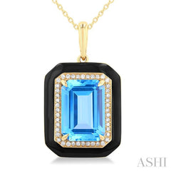 14x10 MM Emerald Cut Blue Topaz and 1/5 Ctw Round Cut Diamond Halo & Black Enamel Border Semi-Precious Pendant With Chain in 14K Yellow Gold