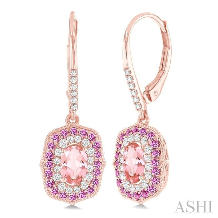 6x4 MM Oval Cut Morganite, 1.25 MM Pink Sapphire and 1/3 Ctw Round Cut Diamond Halo Precious and Semi-Precious Fashion Earrings in 14K Rose Gold