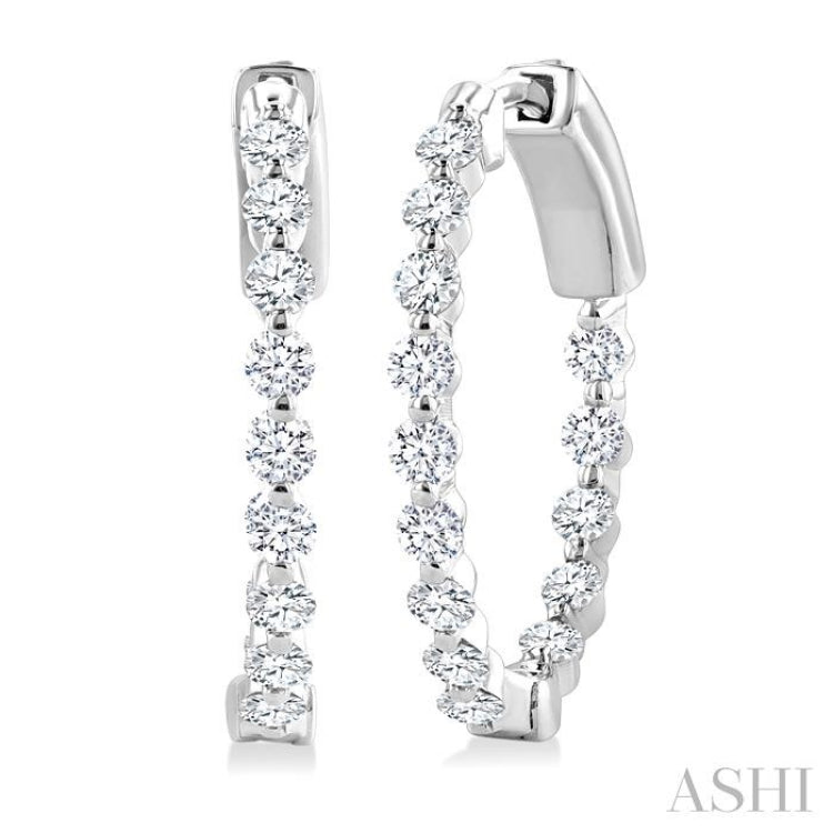 1 Ctw Inside-Out Single Prong Set Round Cut Diamond Hoop Earrings in 14K White Gold