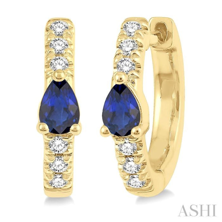 4X3 MM Pear Cut Sapphire and 1/10 Ctw Single Cut Diamond Petite Huggie Earrings in 10K Yellow Gold