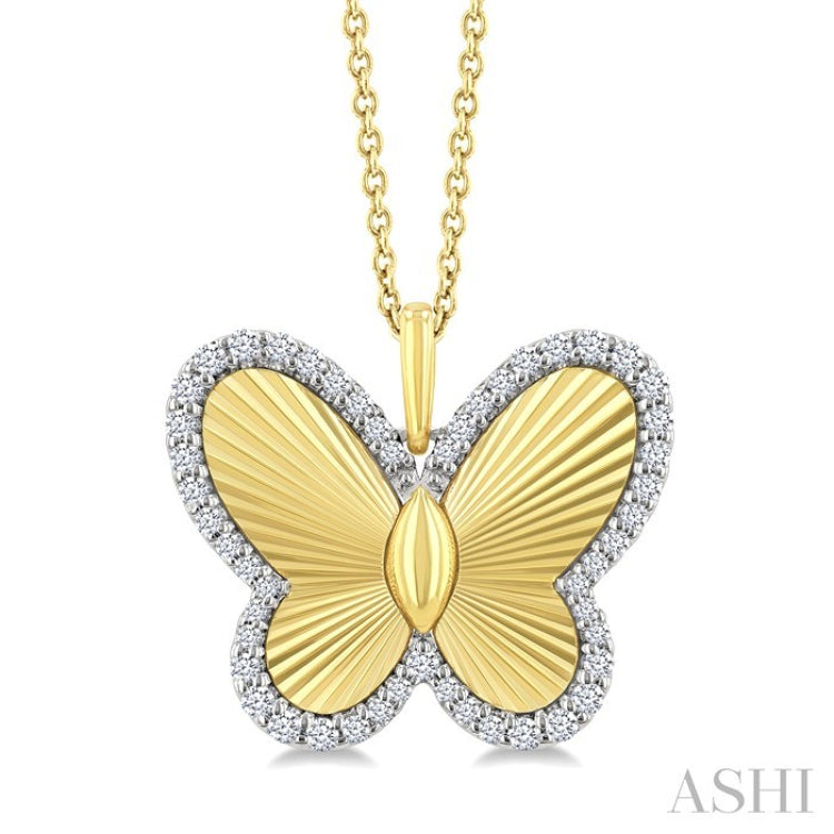 1/4 Ctw Fluted Texture Butterfly Round Cut Diamond Pirouette Fashion Pendant With Chain in 14K Yellow and White Gold