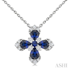 4x3 MM Pear and 2 MM Round Sapphire and 1/6 Ctw Round Cut Diamond Floral Blossom Precious Pendant With Chain in 14K white Gold