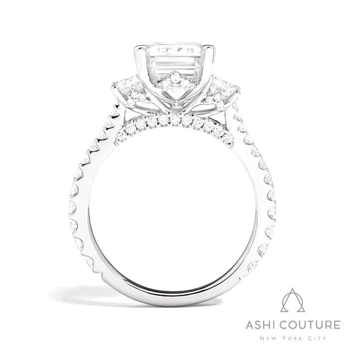 Bridal 3-Stone Diamond Emerald Semi-Mount Engagement Ring With Round Side Diamonds in White Gold
