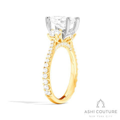 Bridal 3-Stone Diamond Oval Semi-Mount Engagement Ring With Round Side Diamonds in Yellow and White Gold