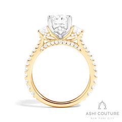 Bridal 3-Stone Diamond Oval Semi-Mount Engagement Ring With Round Side Diamonds in Yellow and White Gold