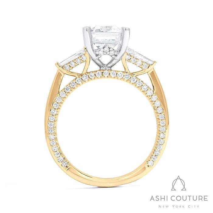 Bridal 3-Stone Emerald Semi-Mount Engagement Ring With Tapered Baguette Side Diamonds in Yellow and White Gold