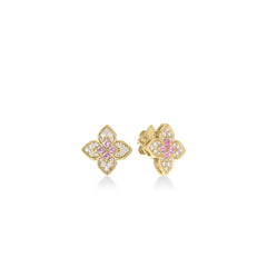 VENETIAN PRINCESS CARNIVAL DIAMOND AND RUBELLITE MEDIUM FLOWER STUD EARRINGS