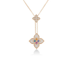 VENETIAN PRINCESS CARNIVAL PAVE DIAMOND AND MIXED STONES DOUBLE FLOWER LARIAT NECKLACE