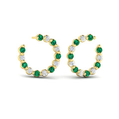 Forward-facing Diamond and Emerald Open Hoop Earrings