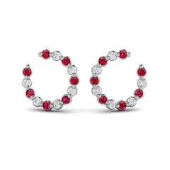 Forward-facing Diamond and Ruby Open Hoop Earrings