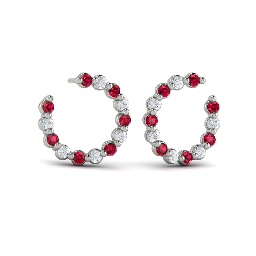 Forward-facing Diamond and Ruby  Open Hoop Earrings