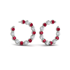 Forward-facing Diamond and Ruby  Open Hoop Earrings