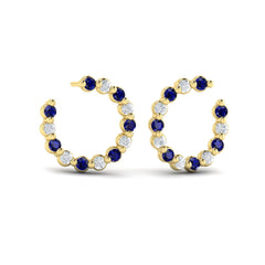 Forward-facing Diamond and Blue Sapphire Open Hoop Earrings