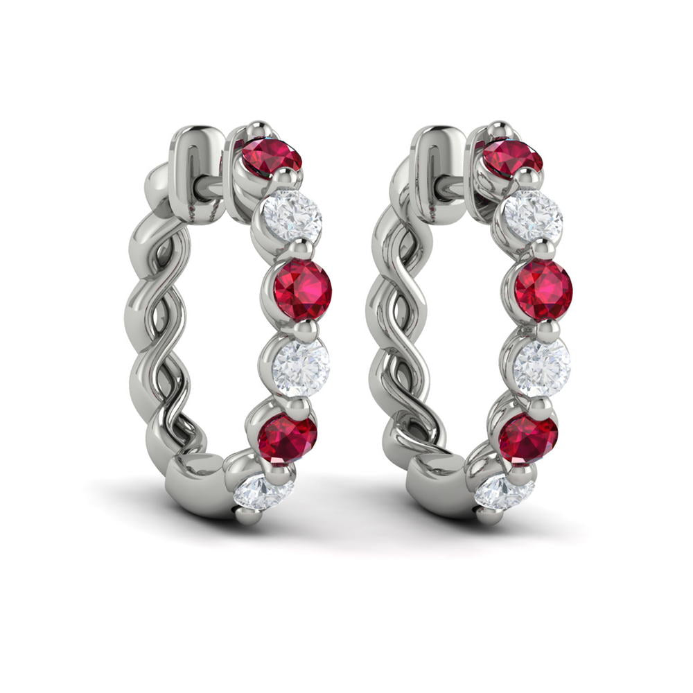 Diamond and Ruby  Twist Hoop Earrings