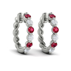 Diamond and Ruby  Twist Hoop Earrings