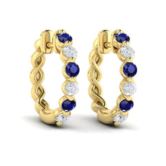 Diamond and Blue Sapphire Twist Hoop Earrings