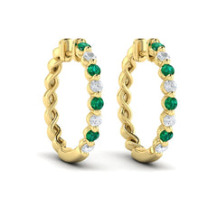 Diamond and Emerald Twist Hoop Earrings