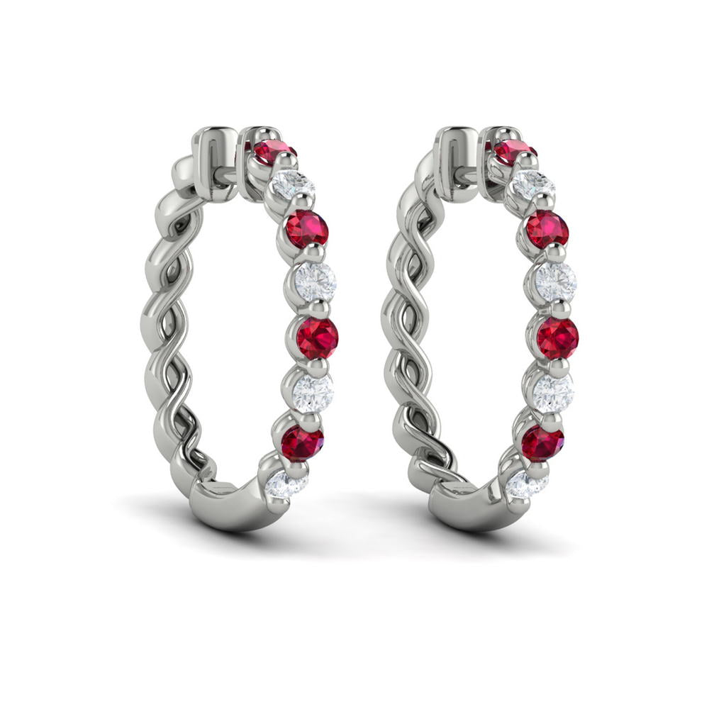 Diamond and Ruby  Twist Hoop Earrings