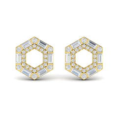 Diamond Baguette Double Row Open Honeycomb Stud Earrings