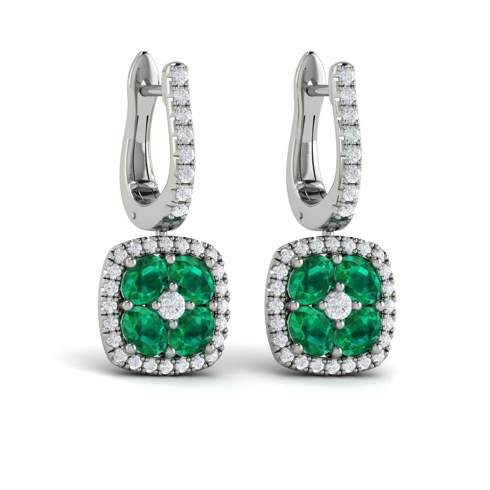 Cushion Diamond and Multi Emerald Earrings
