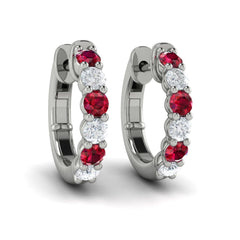 Forward-facing Diamond and Ruby  Open Hoop Earrings
