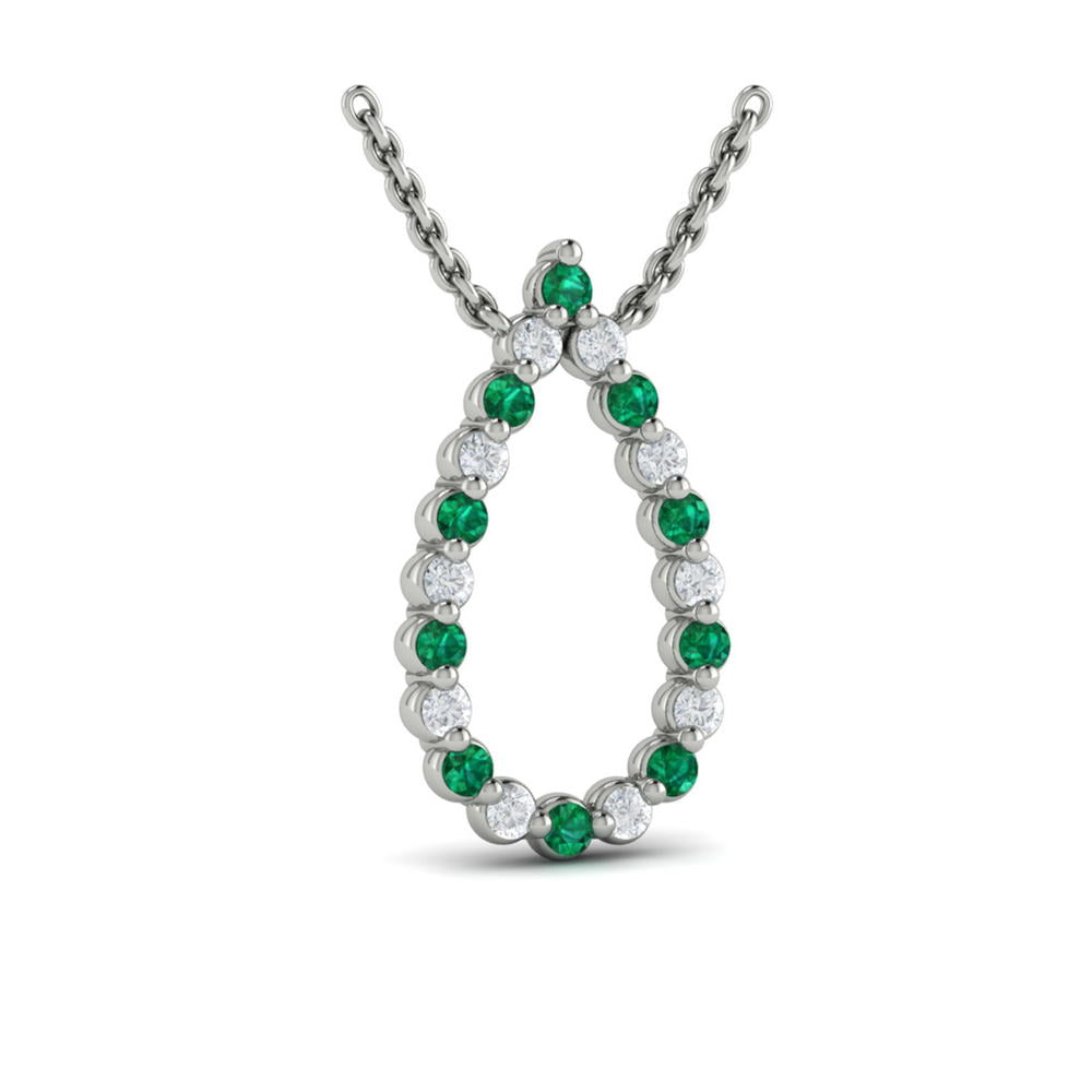 Diamond and Emerald  Open Teardrop Pendant Necklace 