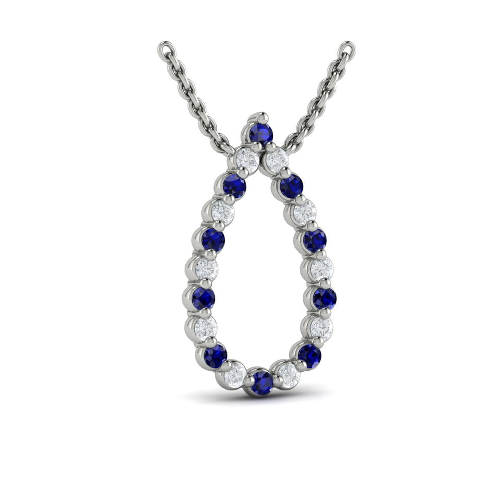 Diamond and Blue Sapphire  Open Teardrop Pendant Necklace 
