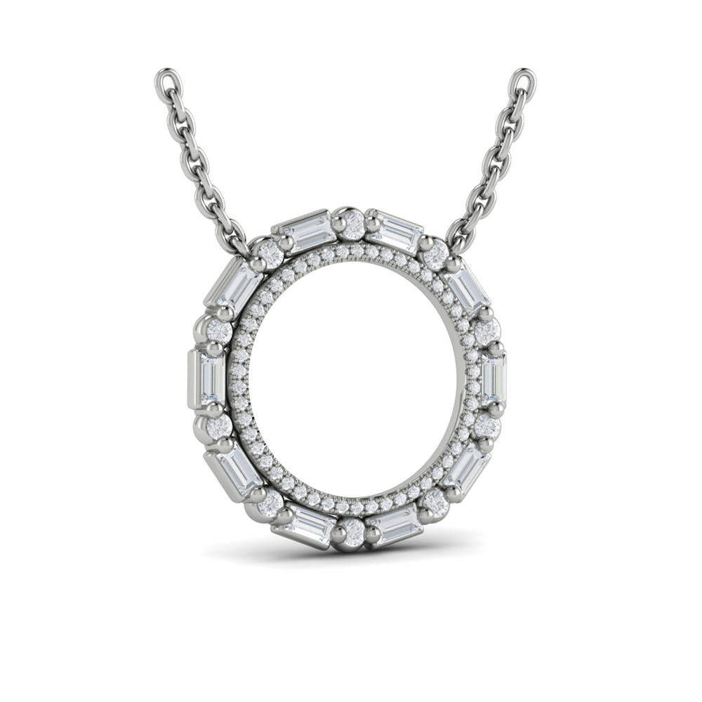Diamond Baguette Double Open Circle Pendant Necklace 