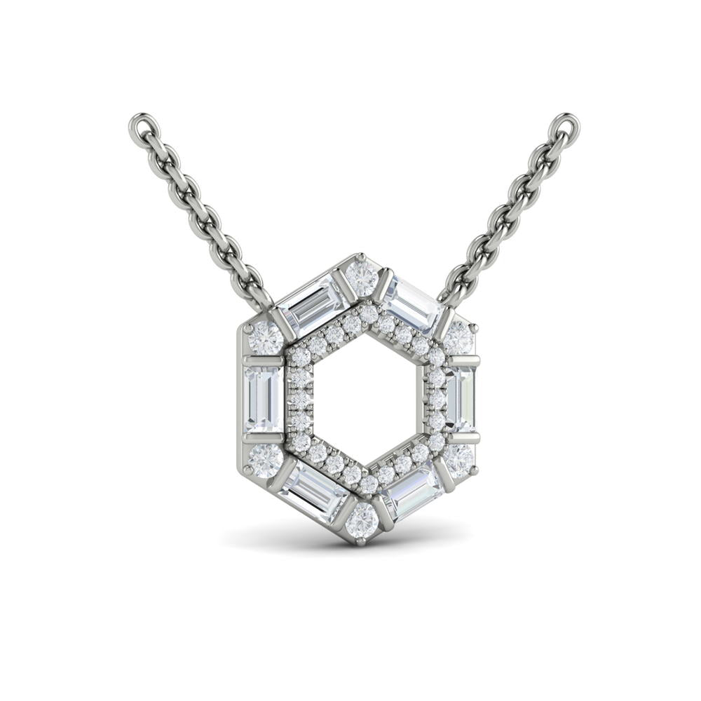 Diamond Baguette Double Row Open Honeycomb Pendant Necklace