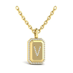Diamond Medallion Alphabet Pendant Link Necklace, V