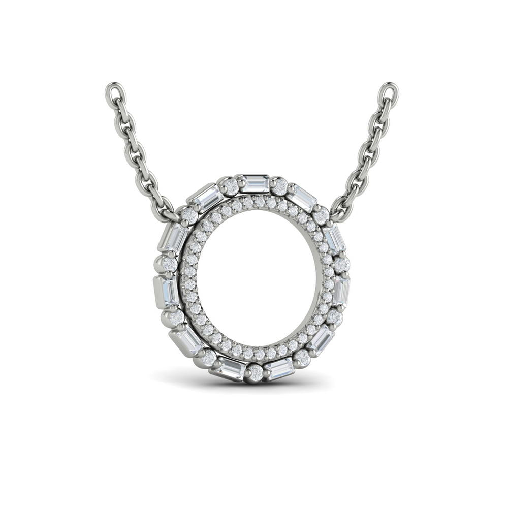 Diamond Baguette Double Open Circle Pendant Necklace 