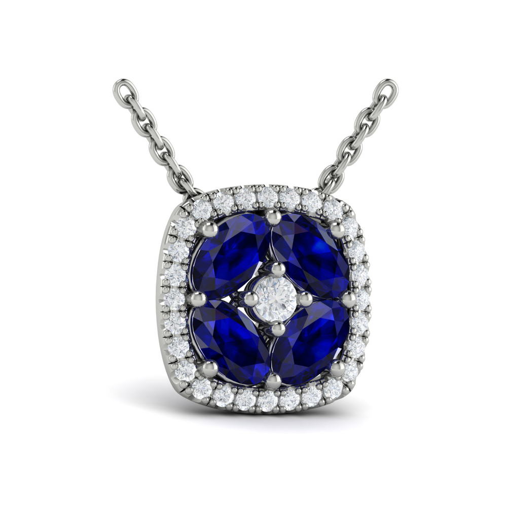 Diamond Cushion Halo and Multi Oval Sapphire with Center Diamond Necklace