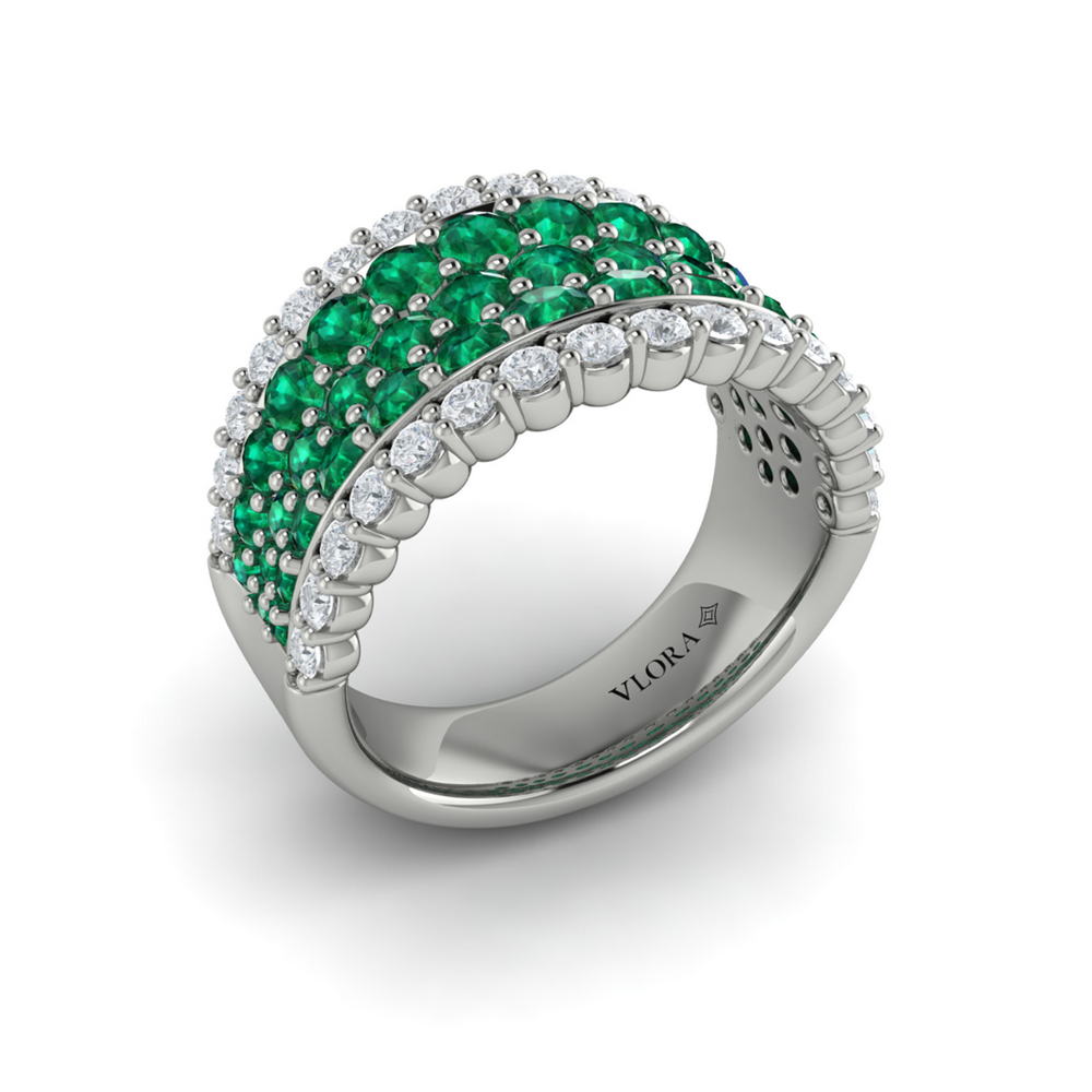 Diamond and Emerald Multi-Row Statement Ring